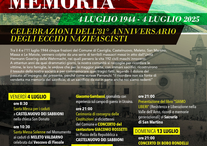 Il programma delle celebrazioni in occasione della ricorrenza degli eccidi del 4 luglio 1944